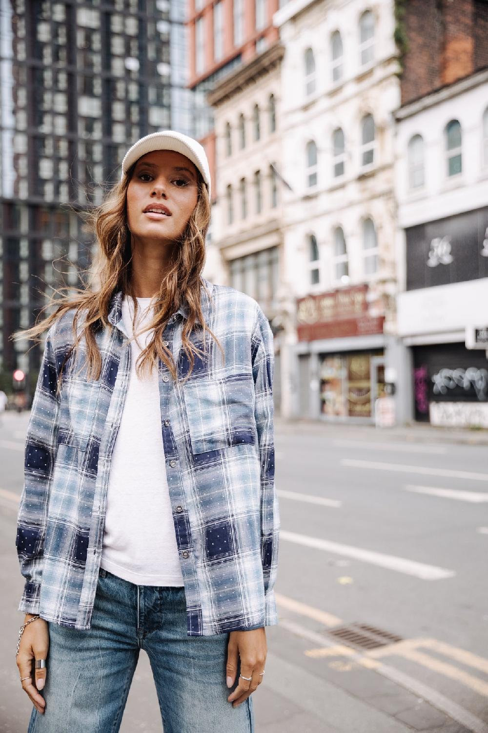 Freeman T. Porter Tickya Rhinestone Tiles Chemise à Carreaux Femme Blue