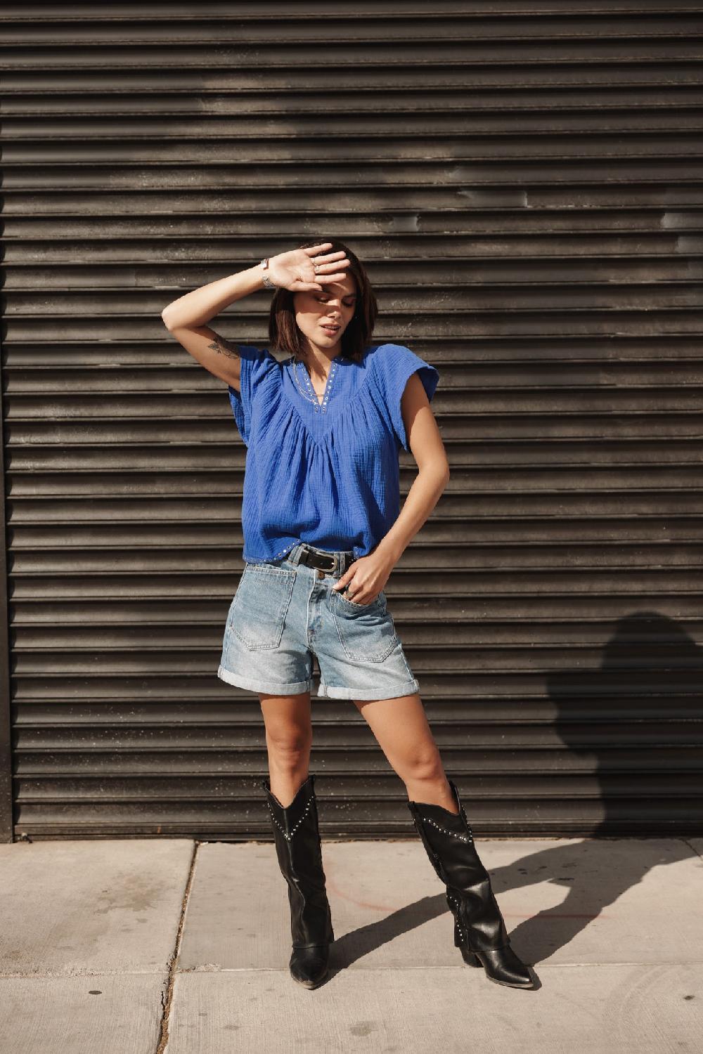 Freeman T. Porter Tillie Plain Color Top Ample Détails Clous Femme Dazzling Blue