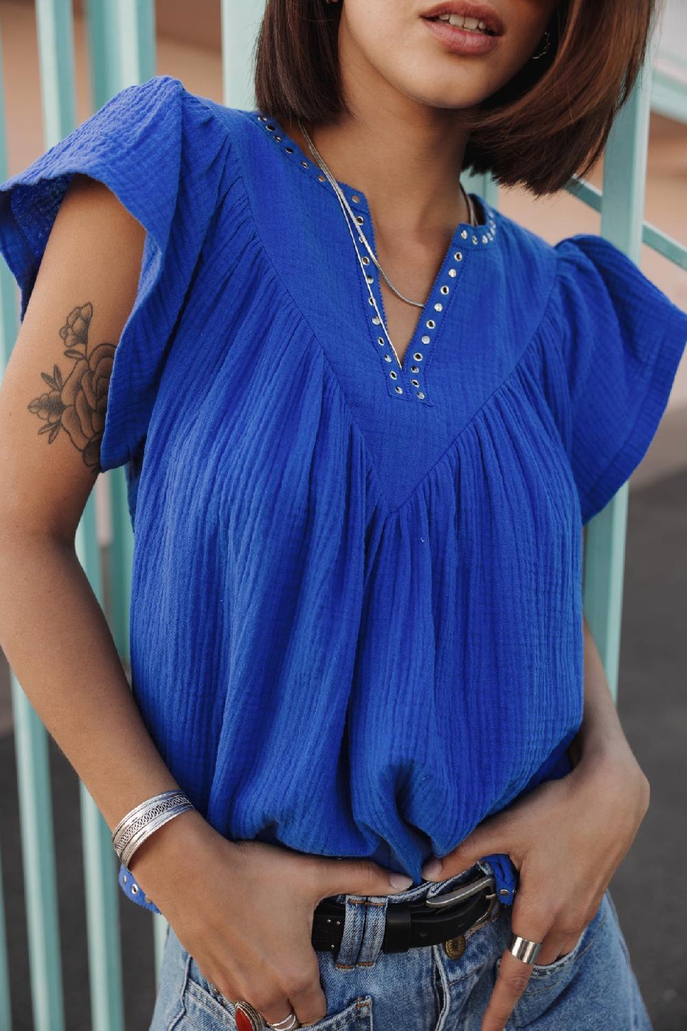 freeman t. porter Tillie Plain Color Top ample détails clous Femme dazzling blue