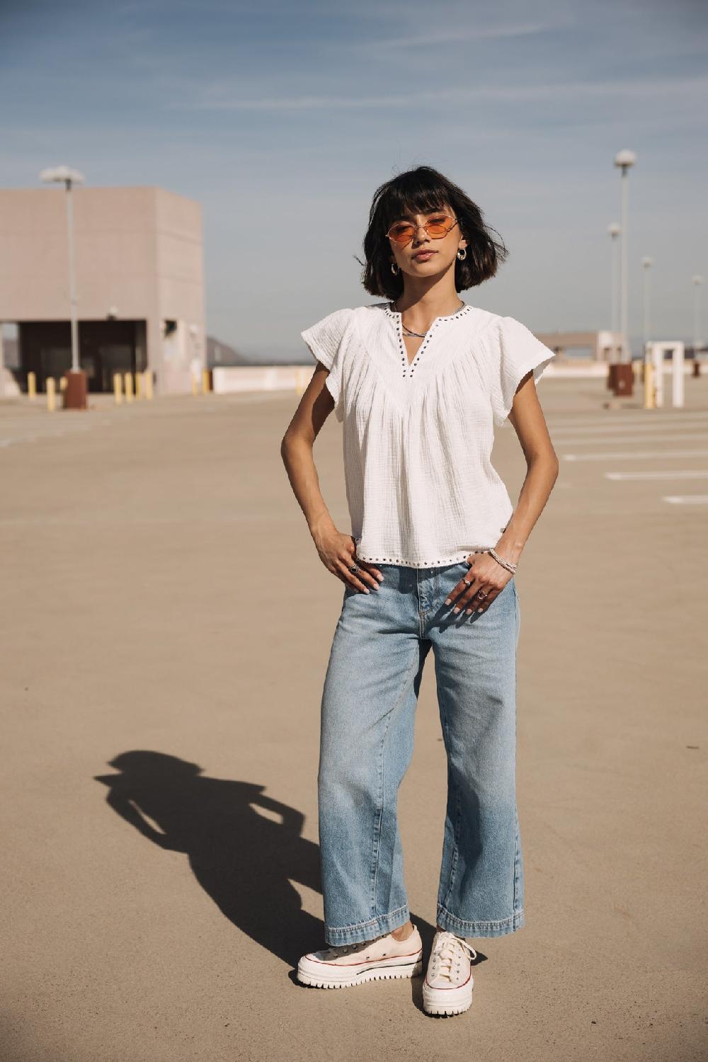 Freeman T. Porter Tillie Plain Color Top Ample Détails Clous Femme White