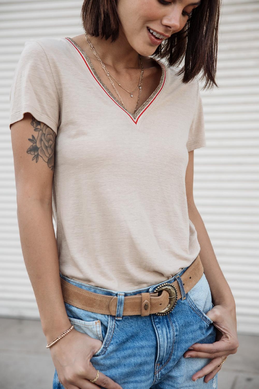 Freeman T. Porter Tonia Linen T-shirt Col V Femme Irish Cream