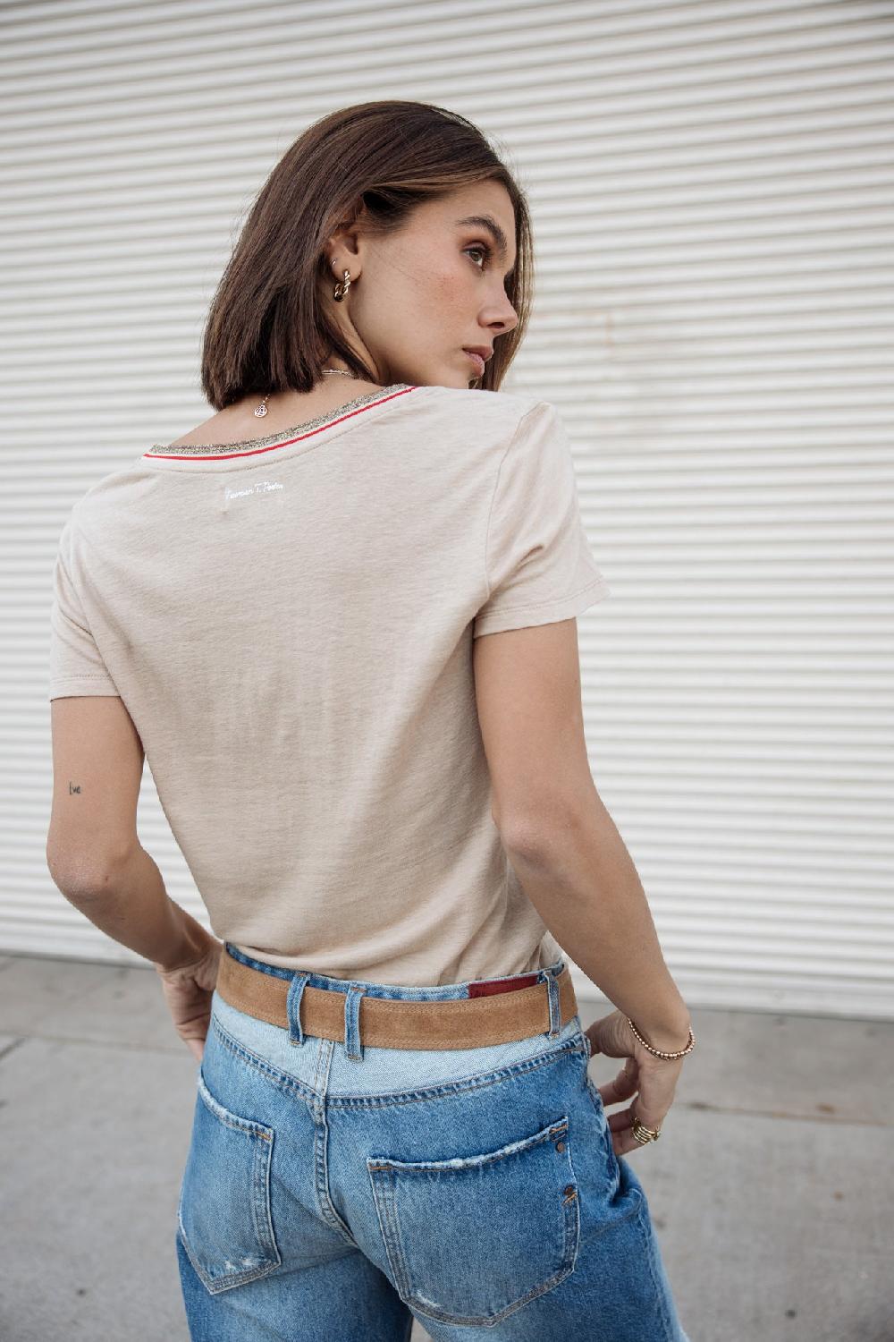 Freeman T. Porter Tonia Linen T-shirt Col V Femme Irish Cream