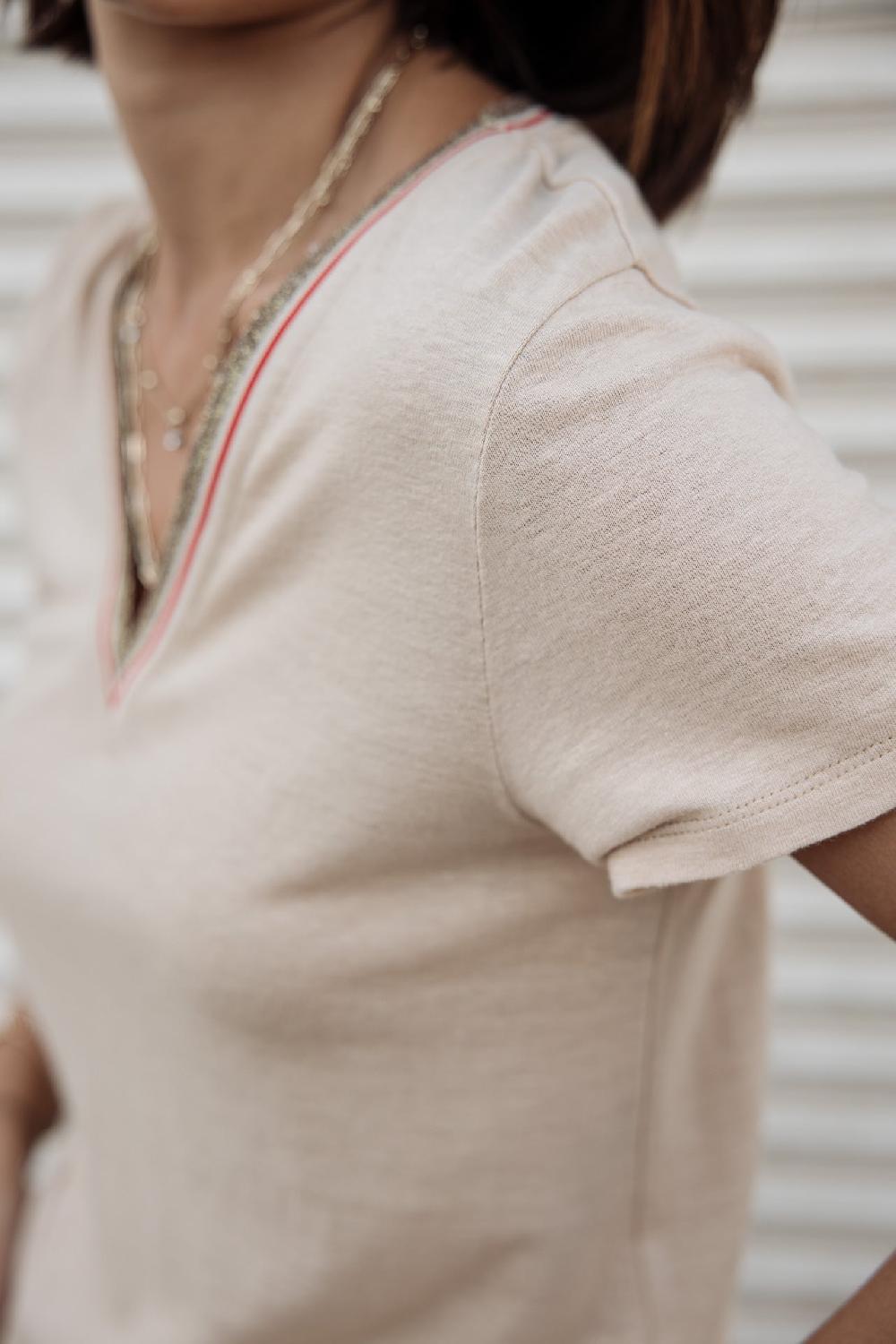 Freeman T. Porter Tonia Linen T-shirt Col V Femme Irish Cream