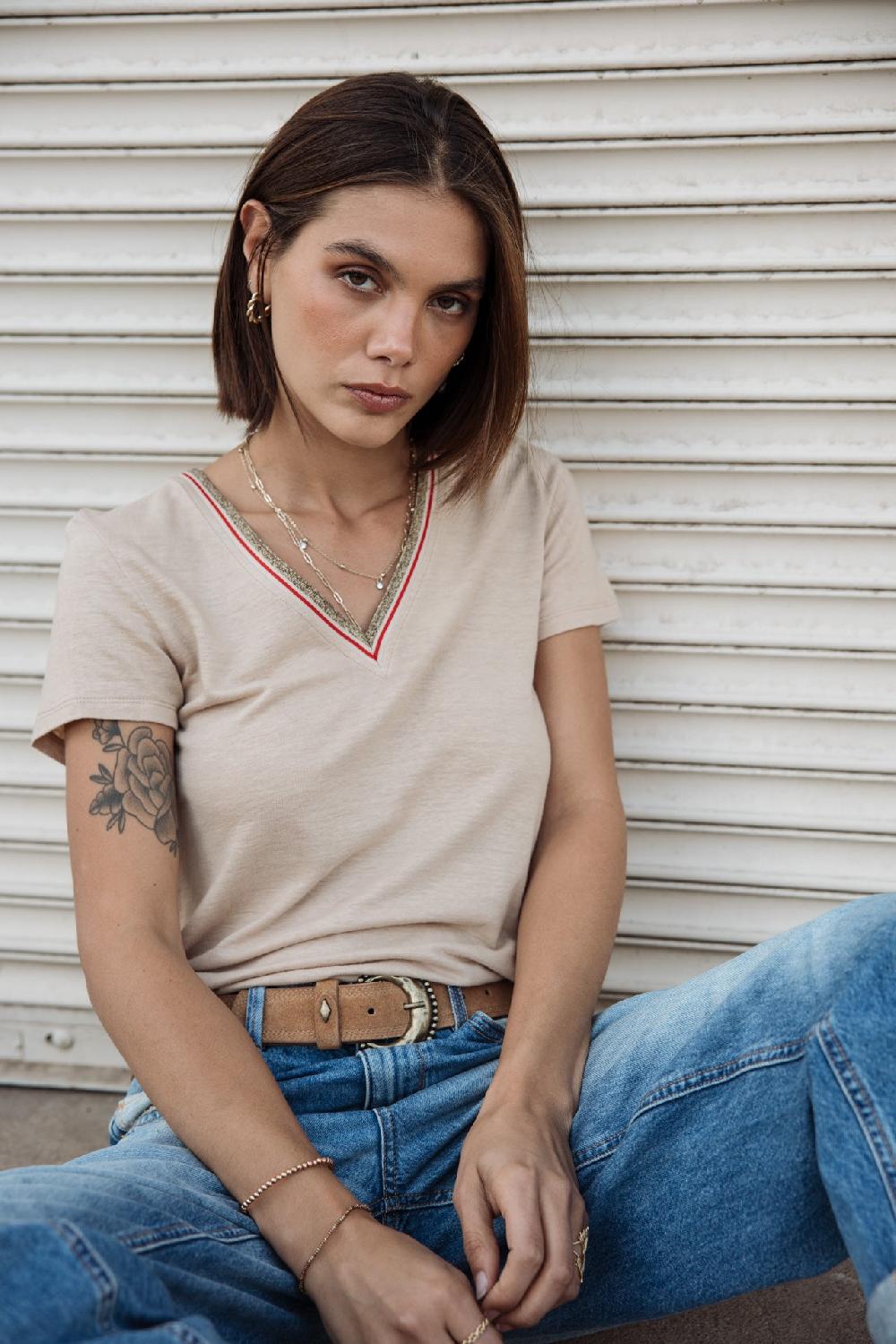 freeman t. porter Tonia Linen T-shirt col V Femme irish cream