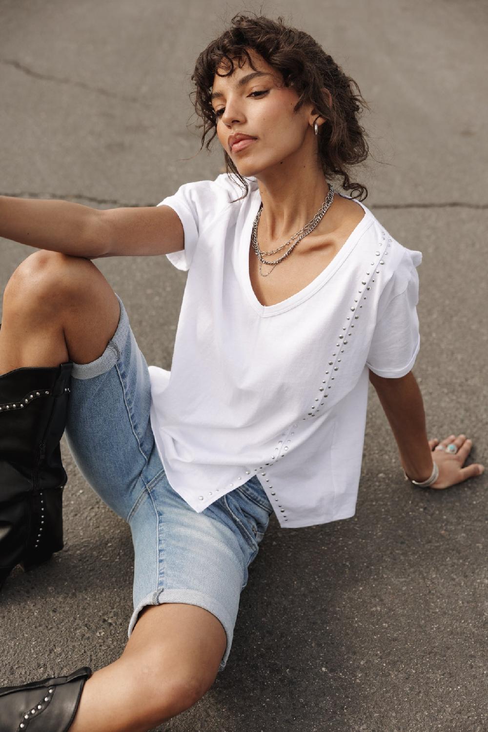 Freeman T. Porter Tribeta T-shirt Col V Clouté Femme White