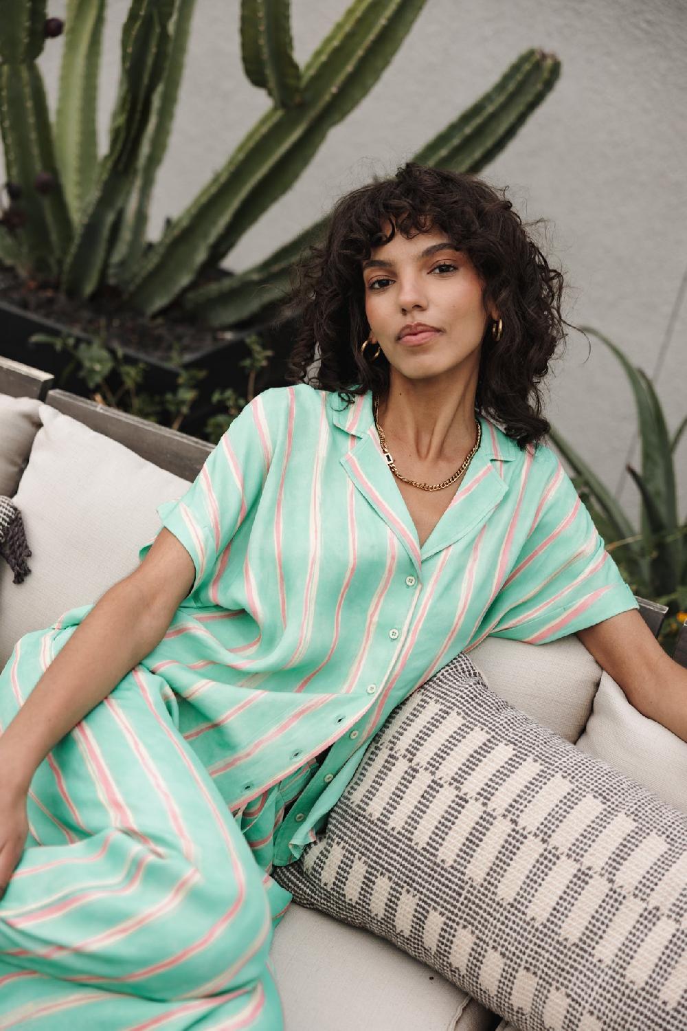 Freeman T. Porter Wina Crafty Stripe Chemise Fluide à Rayures Femme Deep Mint