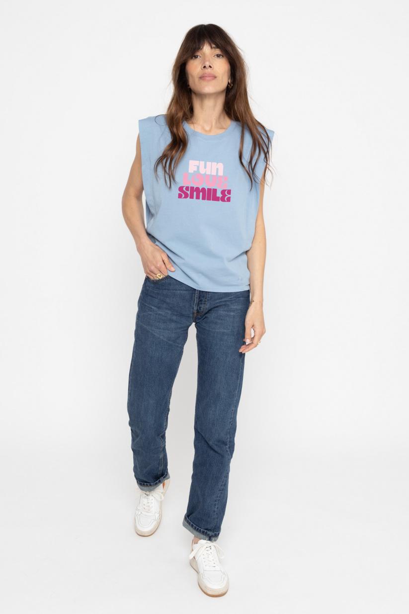 French Disorder Top Poppy FUN LOVE SMILE Faded Denim