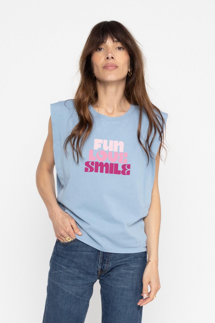 french disorder Top Poppy FUN LOVE SMILE Faded Denim
