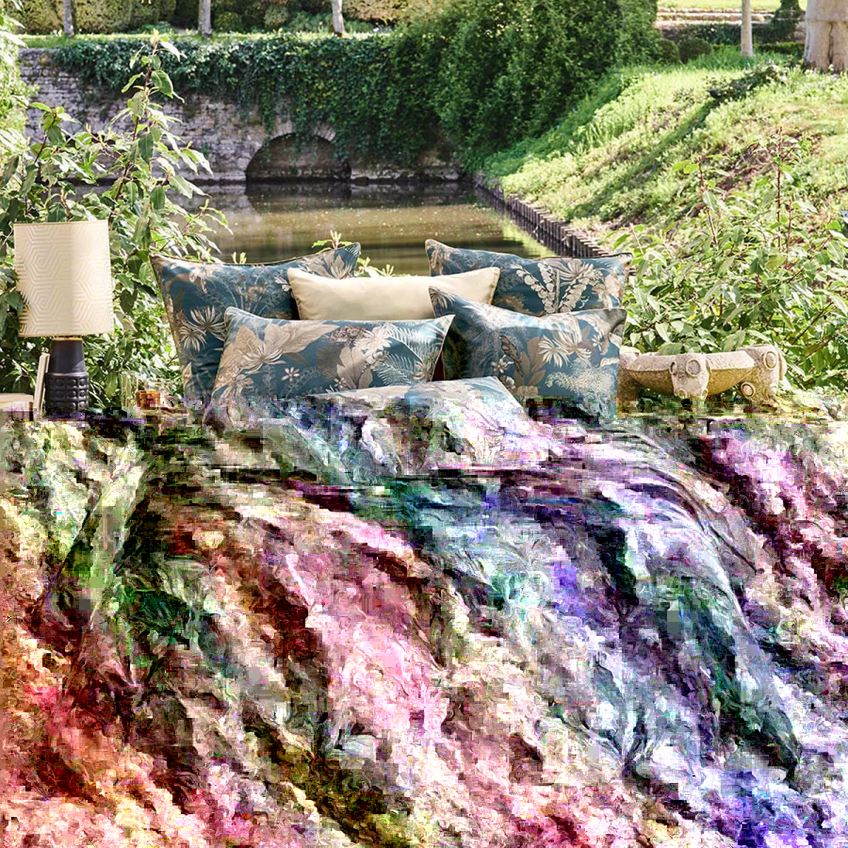 Garnier Thiebaut Drap Plat Satin De Coton 120 Fils/cm² Coloris Bleu Bleu Dore Rainforest Bleu Dore