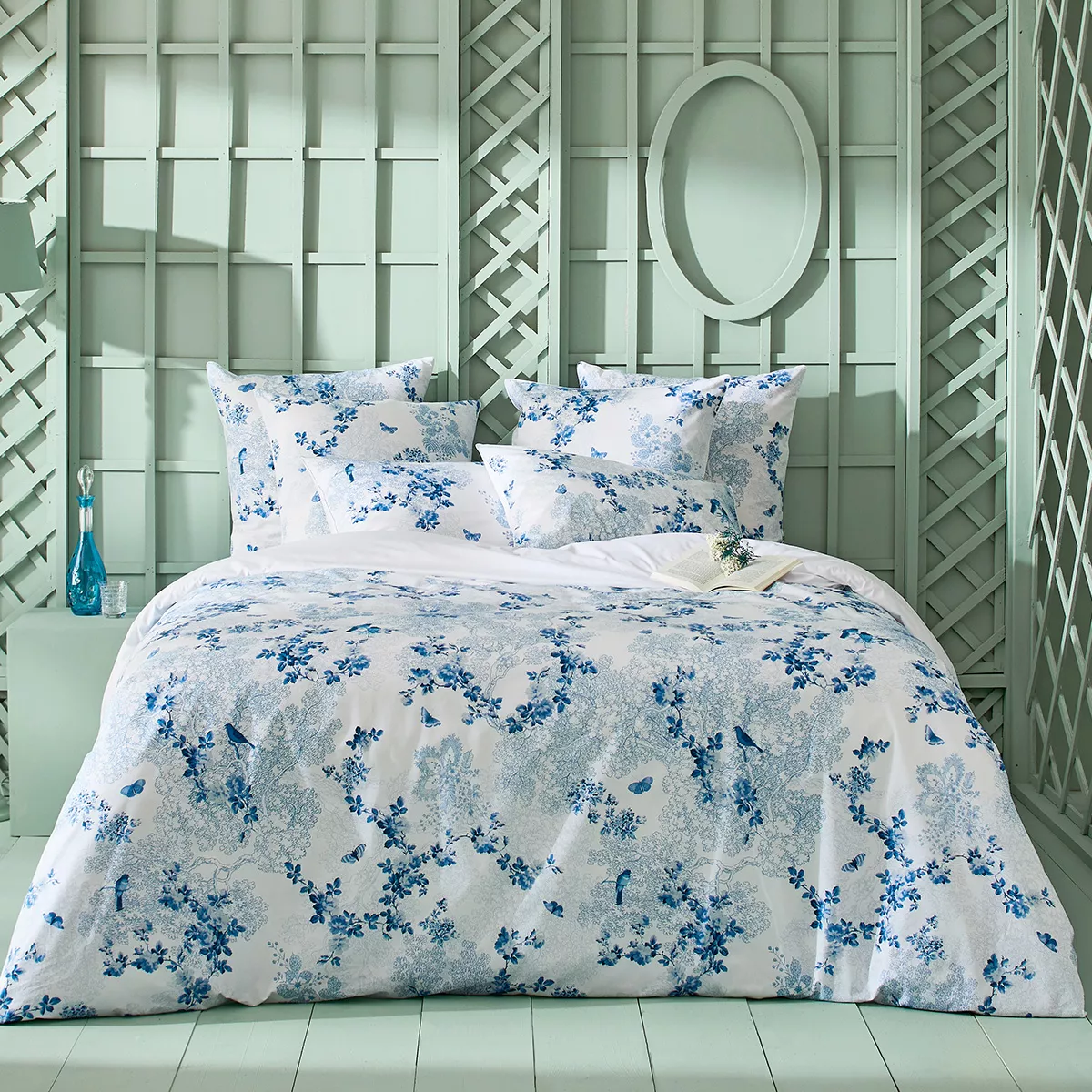 garnier thiebaut Housse de couette percale de coton 80 fils/cm² coloris blanc bleu Voliere bleu