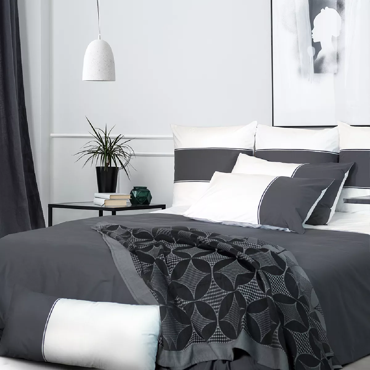Garnier Thiebaut Housse De Couette Pur Coton Bio Coloris Anthracite Ardoise Blanc Capri Ardoise Blanc