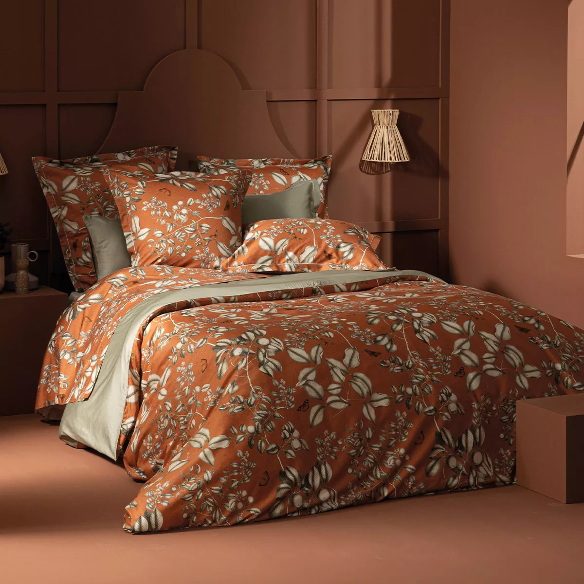 garnier thiebaut Housse de couette satin de coton 120 fils/cm² coloris orange rouille Fleurs d'oranger rouille