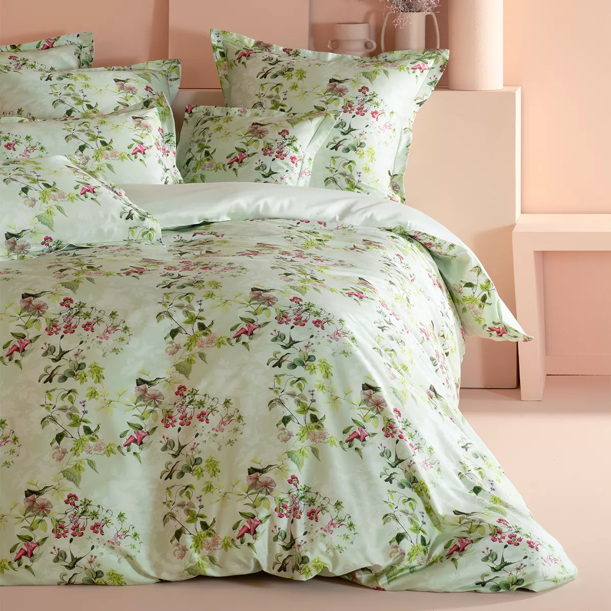 Garnier Thiebaut Housse De Couette Satin De Coton 120 Fils/cm² Coloris Multicolore Vert D'eau Foliage Vert D'eau