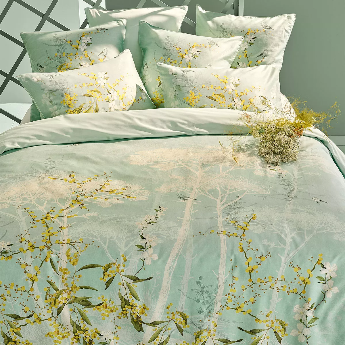 Garnier Thiebaut Housse De Couette Satin De Coton 120 Fils/cm² Coloris Bleu Turquoise Mimosas D'ete Turquoise