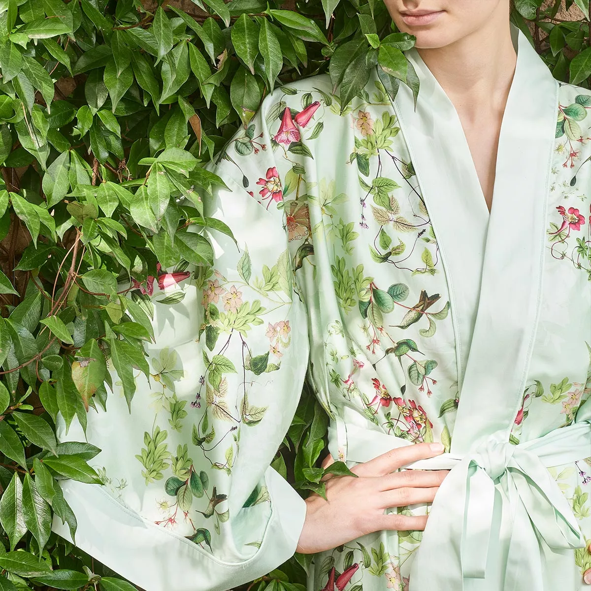 garnier thiebaut Kimono court satin de coton 120 fils/cm² coloris bleu vert d'eau Foliage vert d'eau