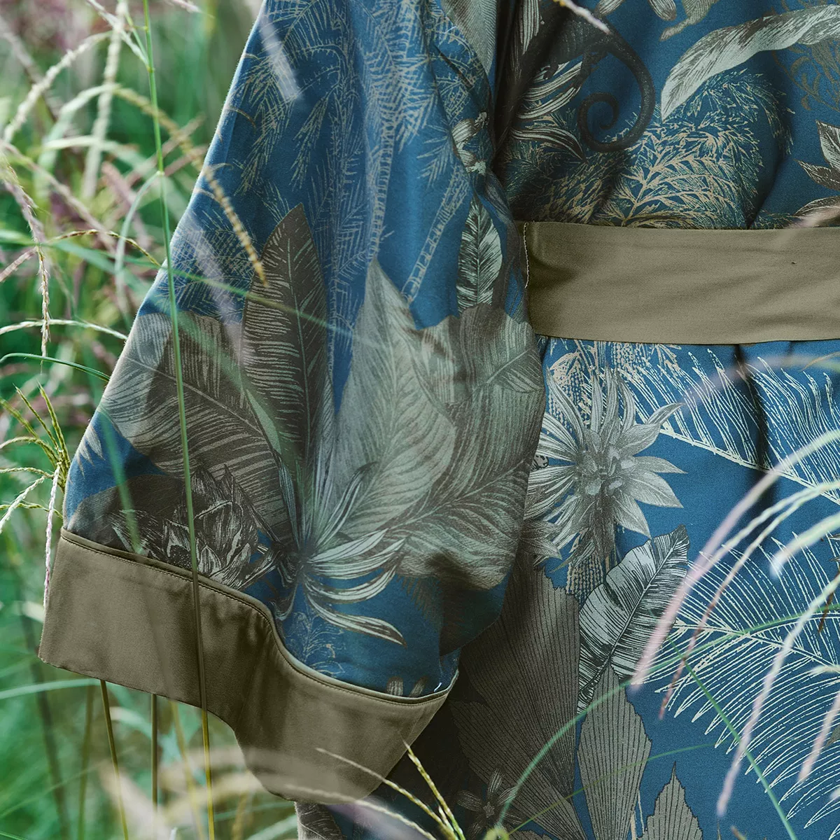Garnier Thiebaut Kimono Long Satin De Coton 120 Fils/cm² Coloris Bleu Bleu Dore Rainforest Bleu Dore
