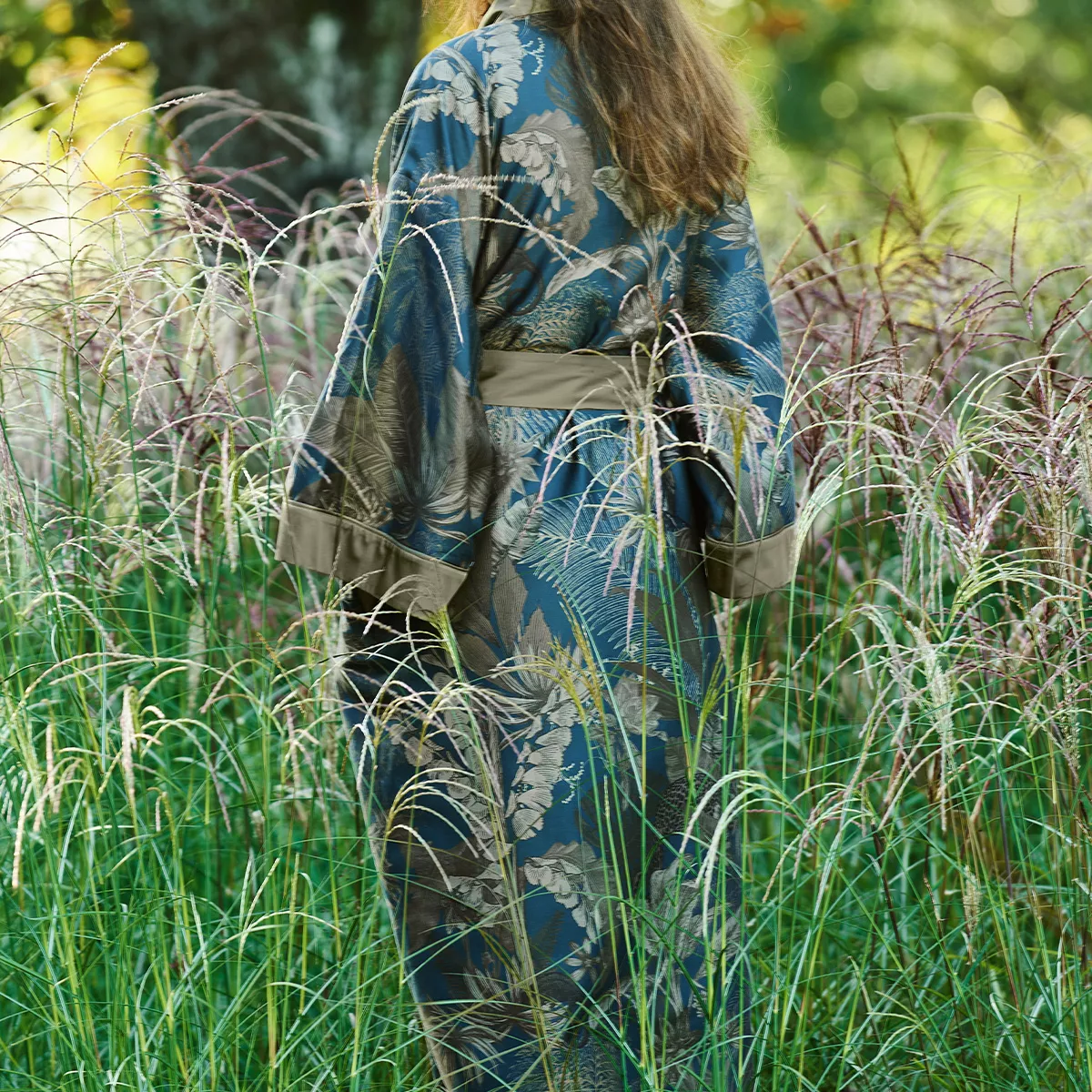 Garnier Thiebaut Kimono Long Satin De Coton 120 Fils/cm² Coloris Bleu Bleu Dore Rainforest Bleu Dore