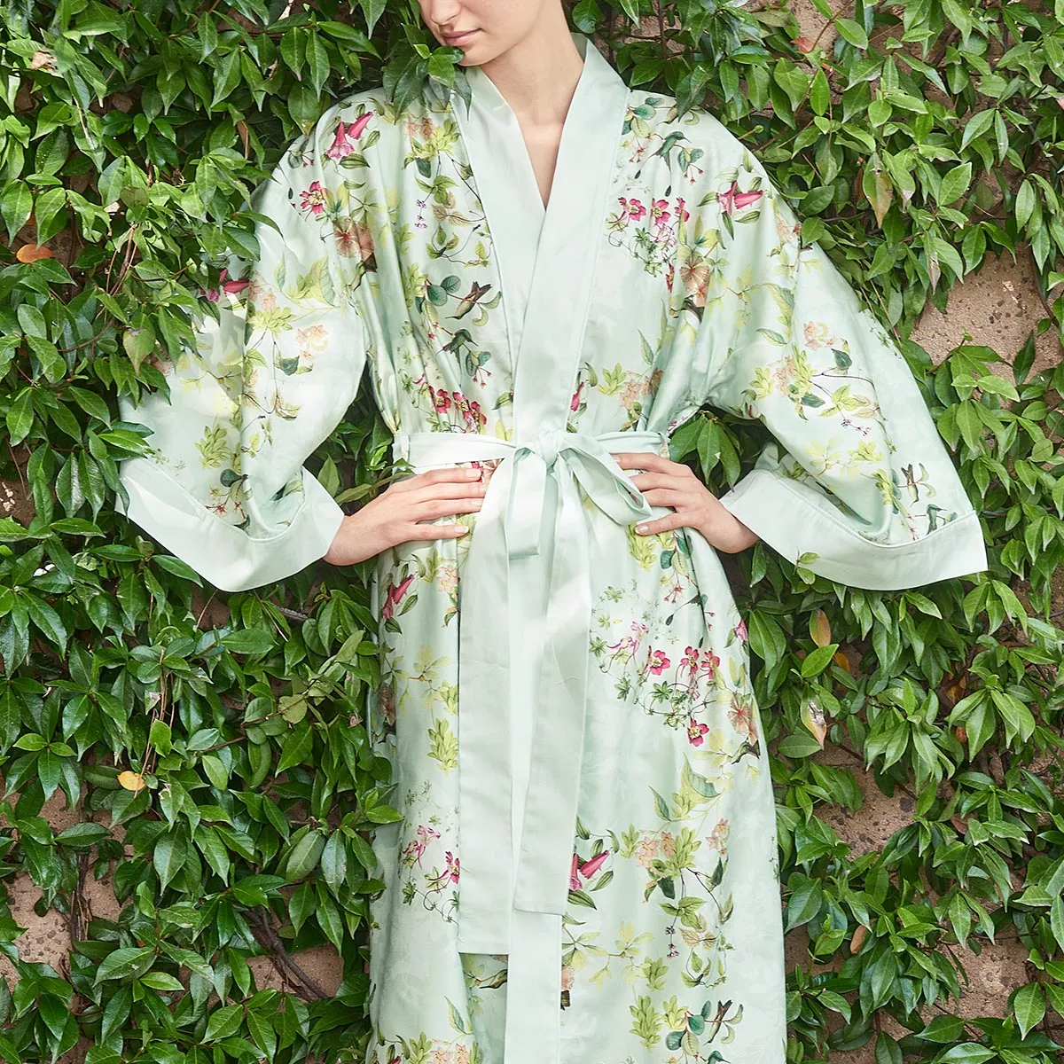 garnier thiebaut Kimono long satin de coton 120 fils/cm² coloris bleu vert d'eau Foliage vert d'eau