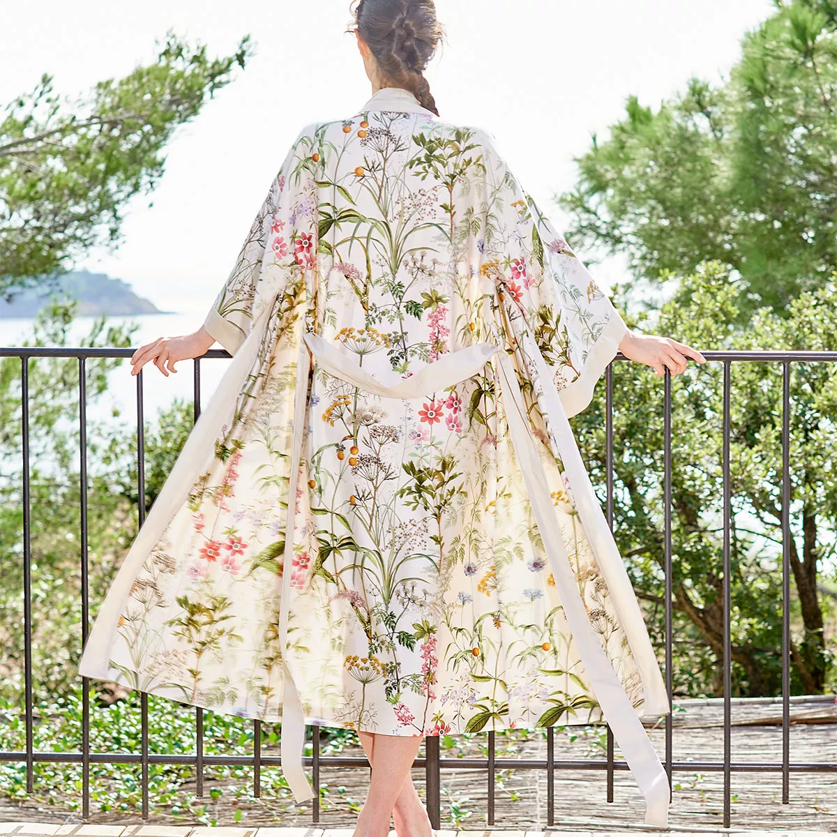 Garnier Thiebaut Kimono Long Satin De Coton 120 Fils/cm² Coloris Multicolore Beige Prairie Legere Beige