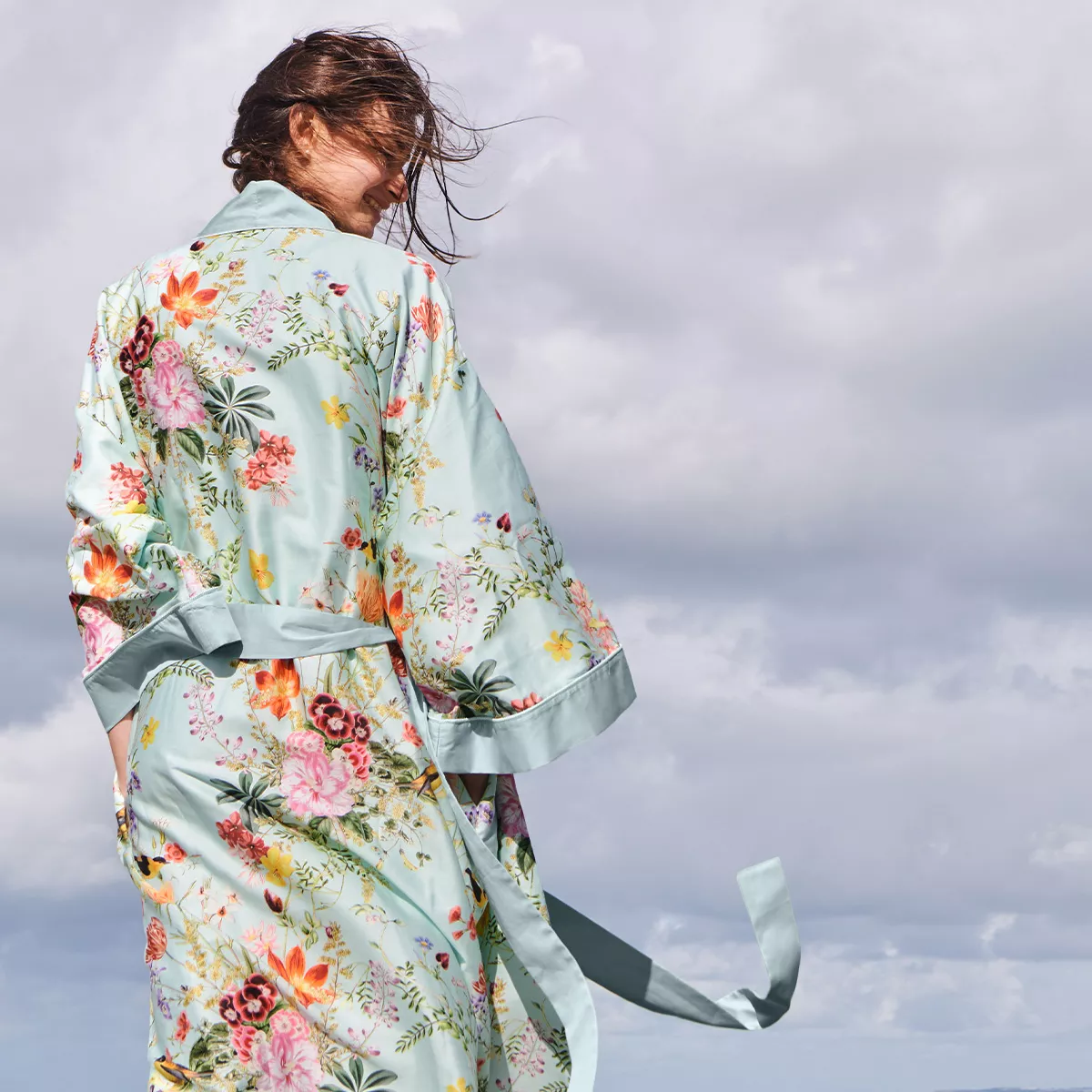 Garnier Thiebaut Kimono Long Satin De Coton 120 Fils/cm² Coloris Multicolore Vert D'eau Primavera Vert D'eau
