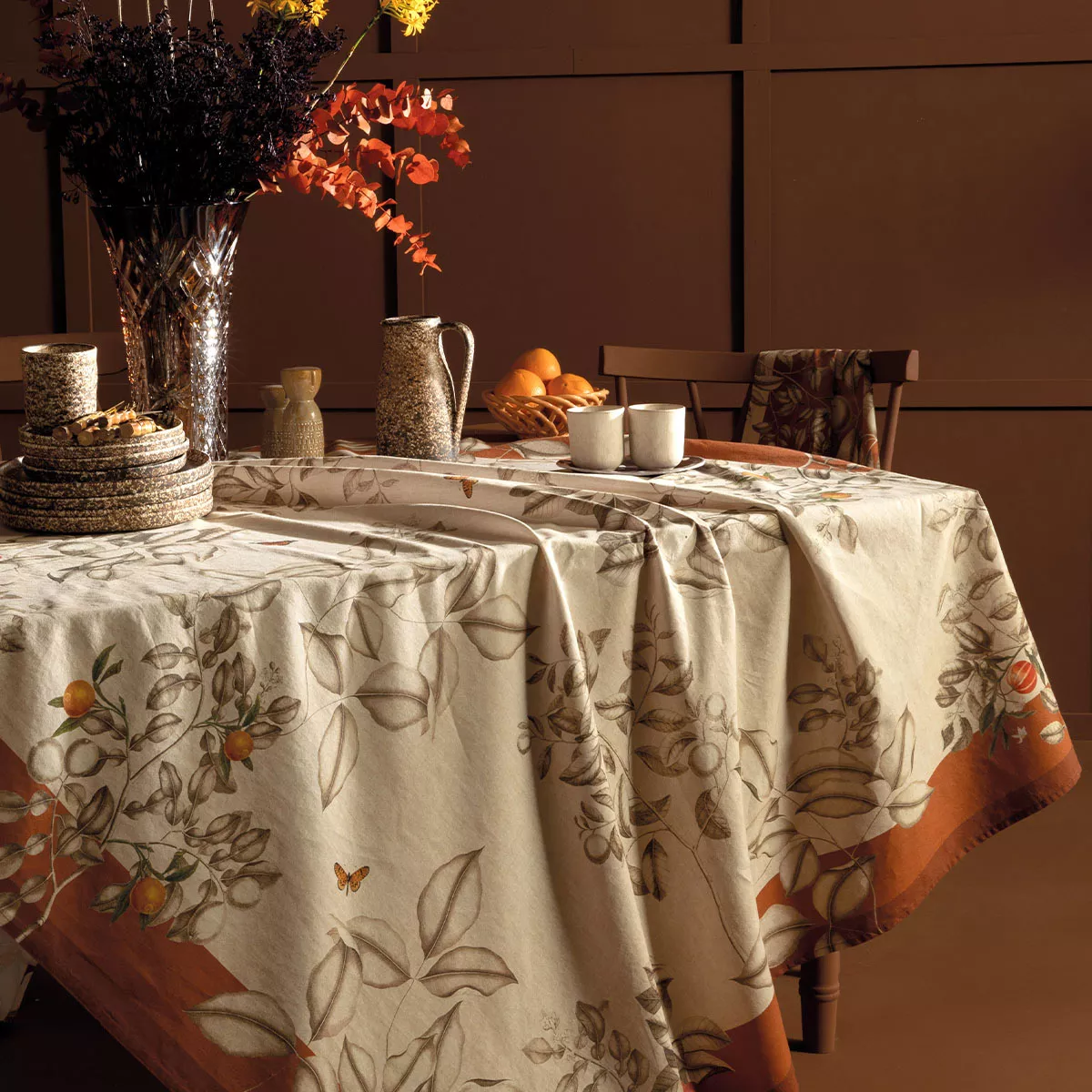 Garnier Thiebaut Linge De Table Métis Lin & Coton Beige Rouille Modèle Mandarines Rouille