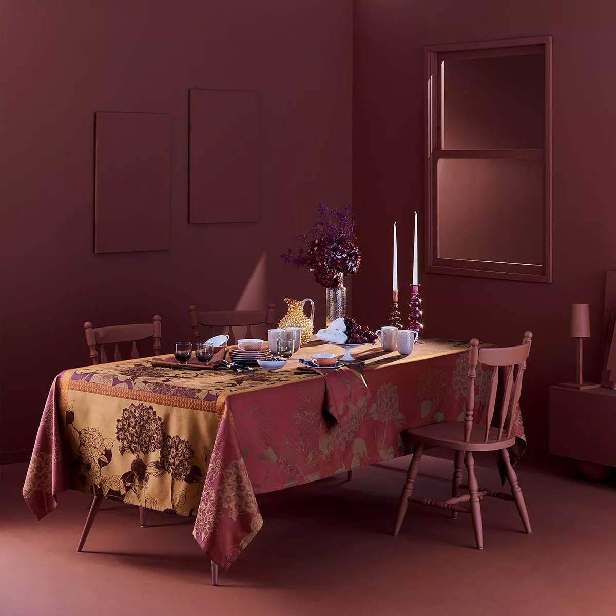 garnier thiebaut Linge de table pur coton antitache déperlant bordeaux rouille Modèle hortensias rouille