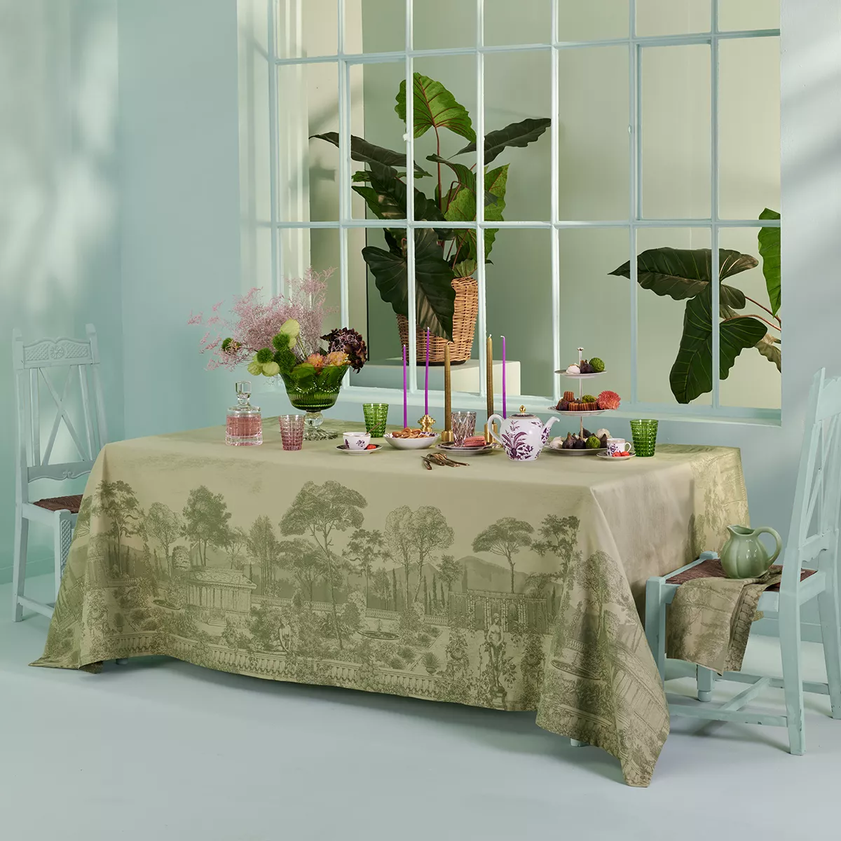 garnier thiebaut Linge de table pur coton antitache déperlant vert olive Modèle jardin spirituel olive
