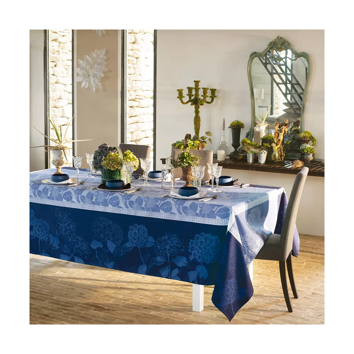 garnier thiebaut Linge de table pur coton bio pur coton bio bleu bleu Modèle hortensias bleu
