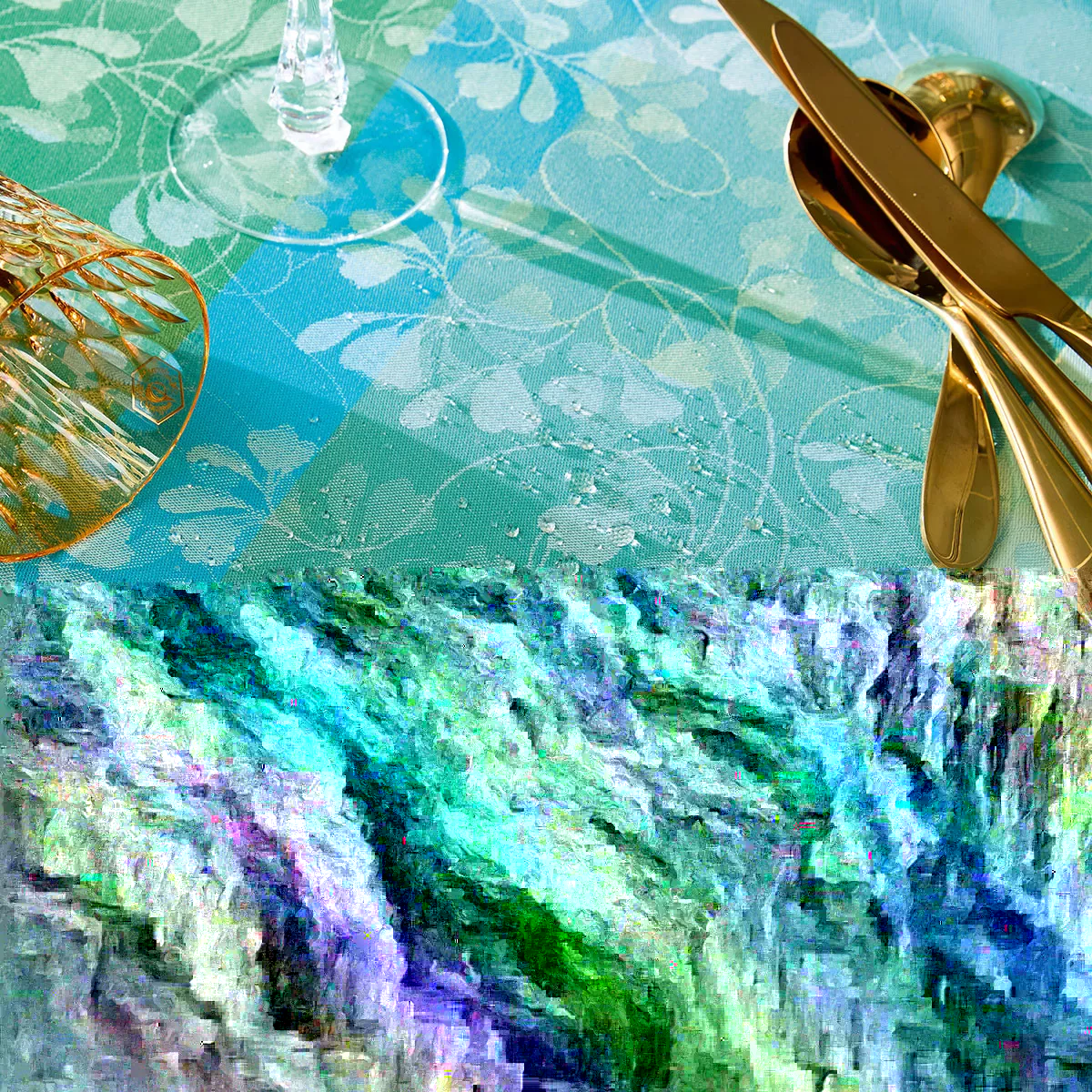 garnier thiebaut Linge de table pur coton enduit imperméable bleu turquoise Modèle mille feuillages turquoise