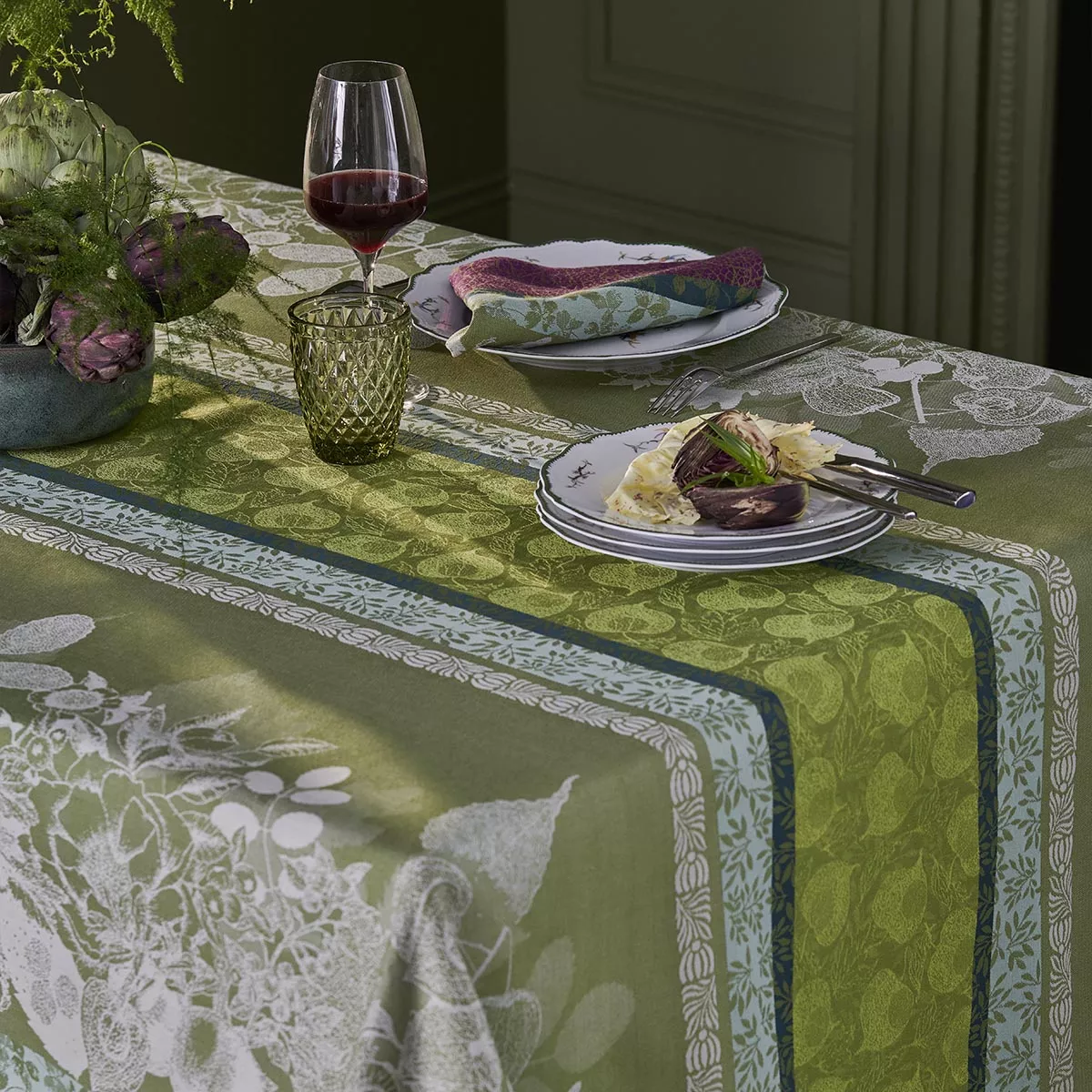 Garnier Thiebaut Linge De Table Pur Coton Vert Mousse Modèle Mille Botanique Mousse