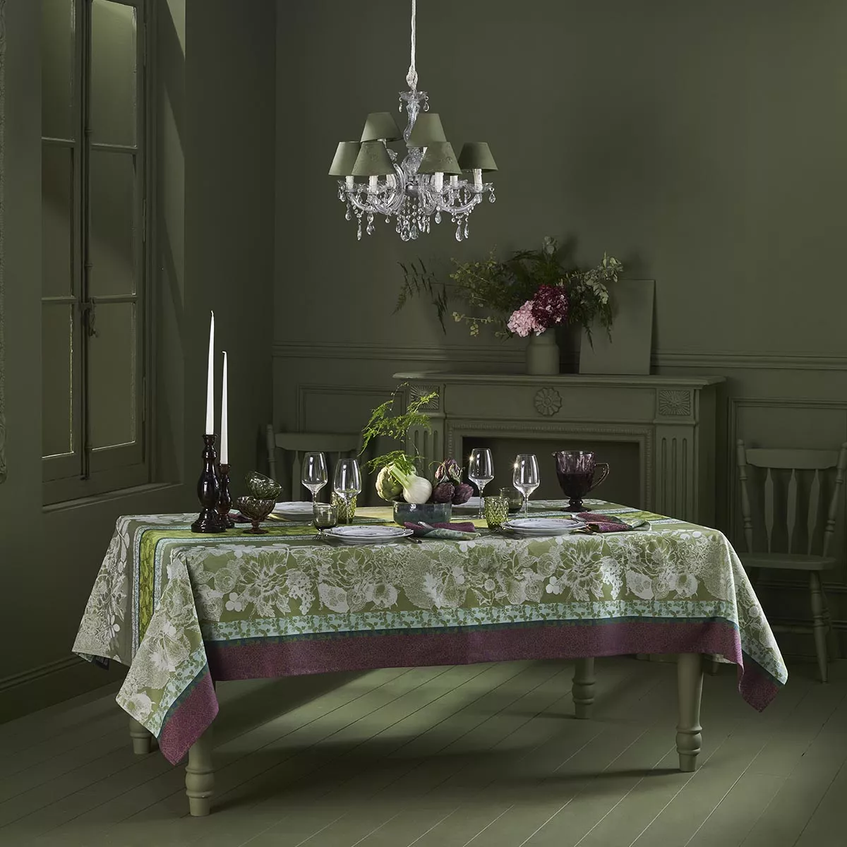 Garnier Thiebaut Linge De Table Pur Coton Vert Mousse Modèle Mille Botanique Mousse