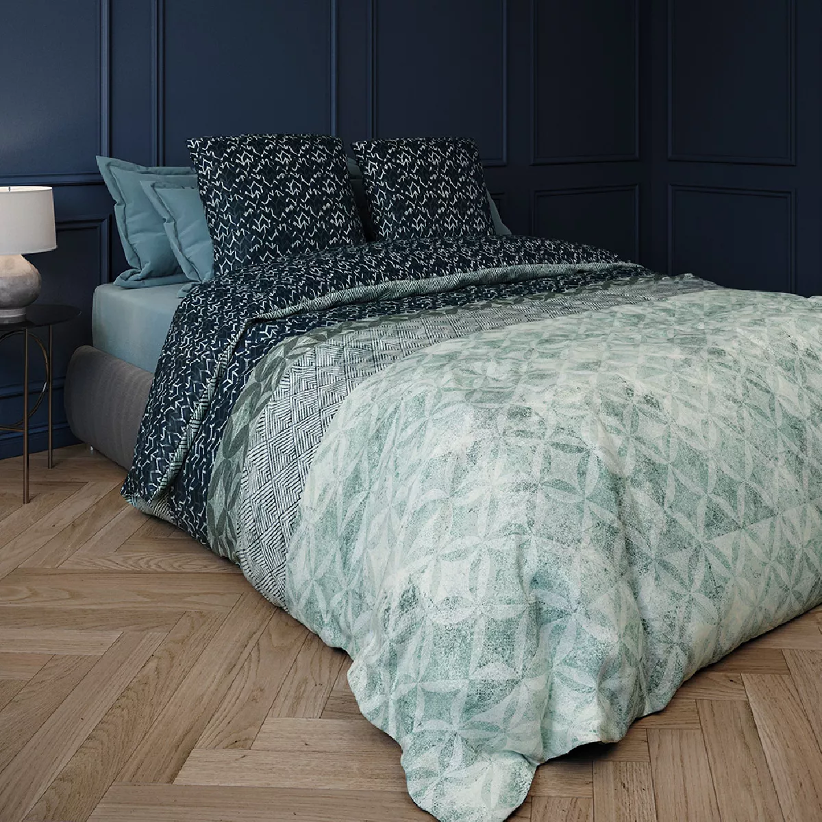 Garnier Thiebaut Lot H.couette +taies Percale De Coton 80 Fils/cm² Coloris Bleu Etain Palazzo Etain