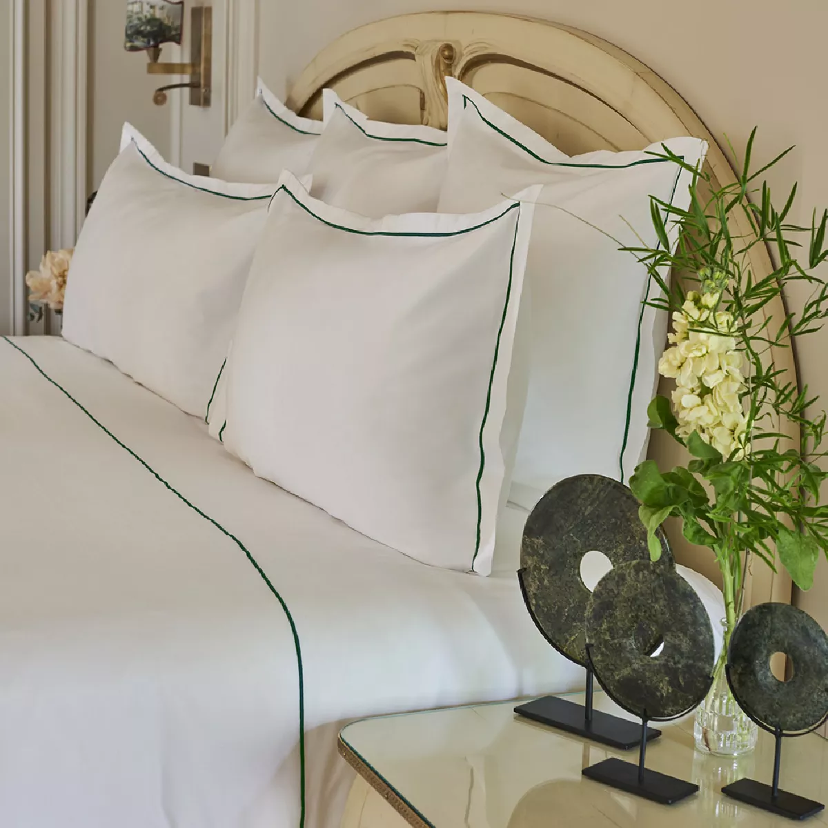 garnier thiebaut Lot h.couette +taies satin de coton 120 fils/cm² coloris blanc vert bleu Palace bourdon vert bleu