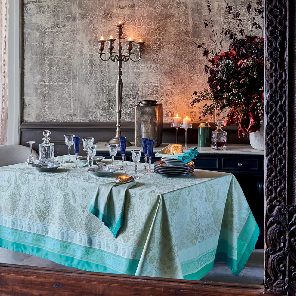 garnier thiebaut Nappe anti tache pur coton bleu lagon Pondichery lagon