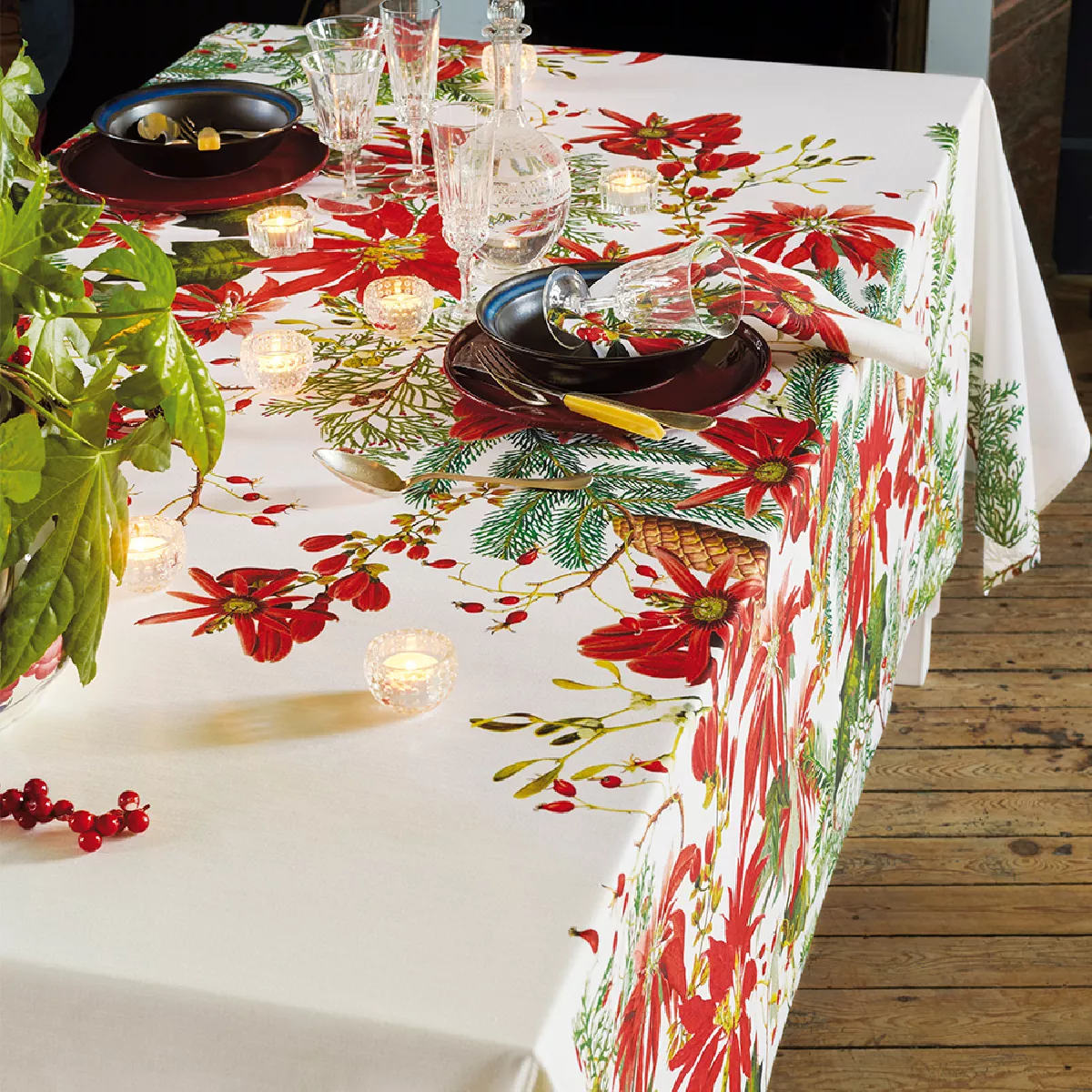 Garnier Thiebaut Nappe Anti Tache Pur Coton Rouge Vintage Poinsettias Vintage