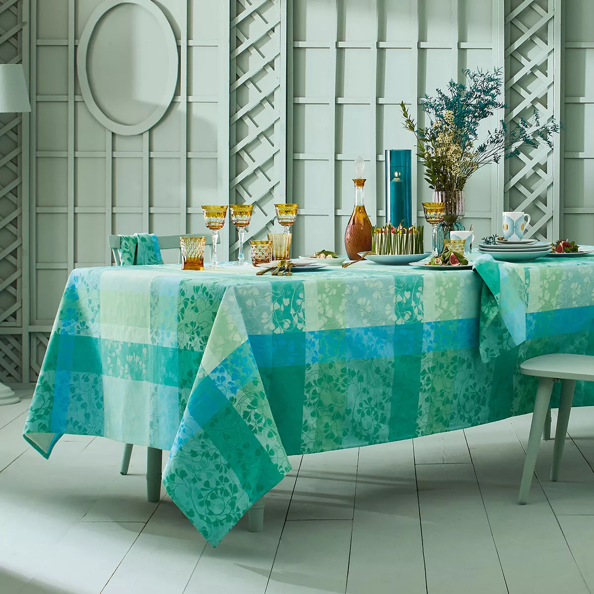 Garnier Thiebaut Nappe Enduite Pur Coton Bleu Turquoise Mille Feuillages Turquoise