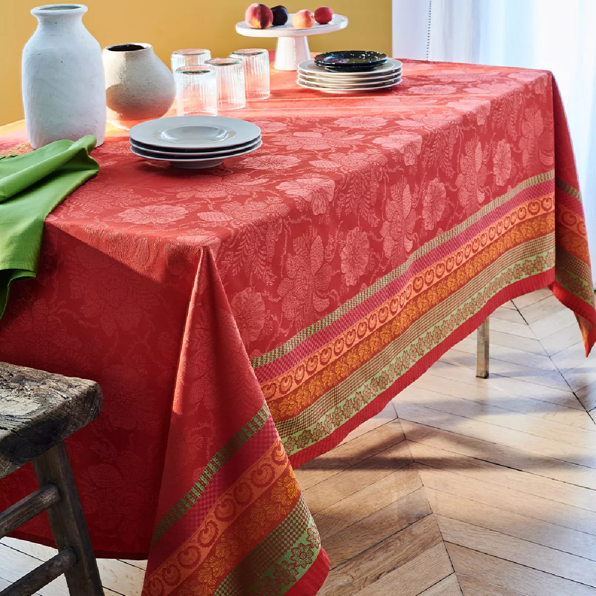 Garnier Thiebaut Nappe Enduite Pur Coton Orange Sangria Mille Roses Festives Sangria