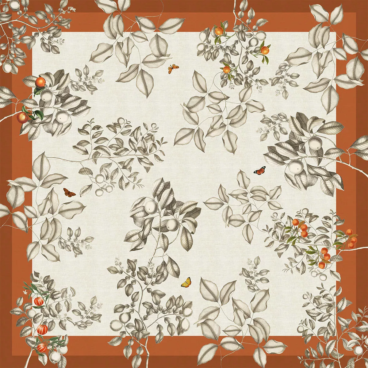 Garnier Thiebaut Nappe Imprimée Métis Lin & Coton Beige Rouille Mandarines Rouille