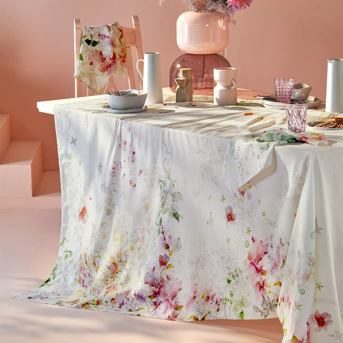 Garnier Thiebaut Nappe Imprimée Métis Lin & Coton Blanc Blanc Jardin Sauvage Blanc
