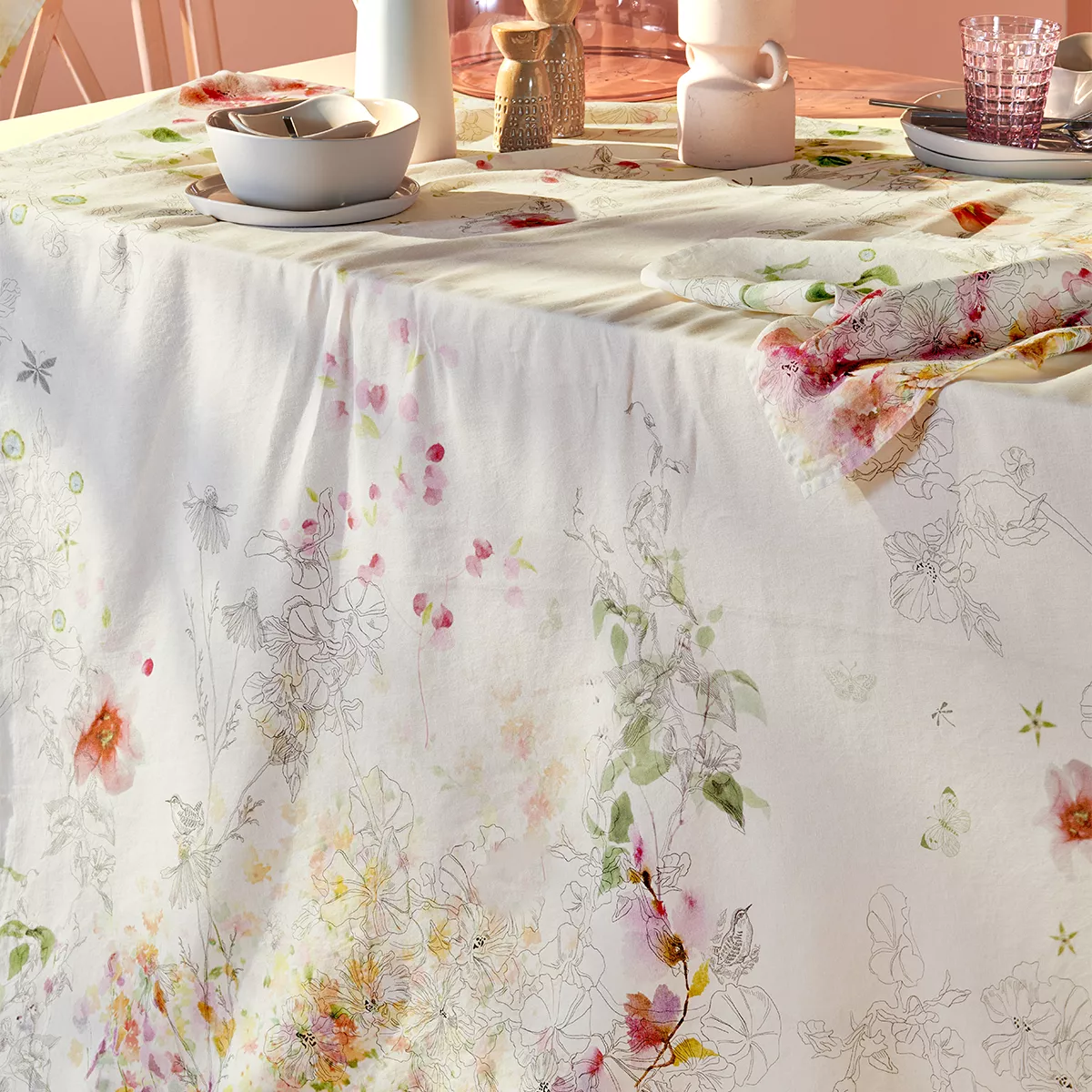 Garnier Thiebaut Nappe Imprimée Métis Lin & Coton Blanc Blanc Jardin Sauvage Blanc