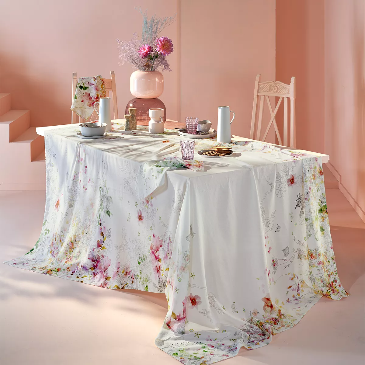 garnier thiebaut Nappe imprimée métis lin & coton blanc blanc Jardin sauvage blanc