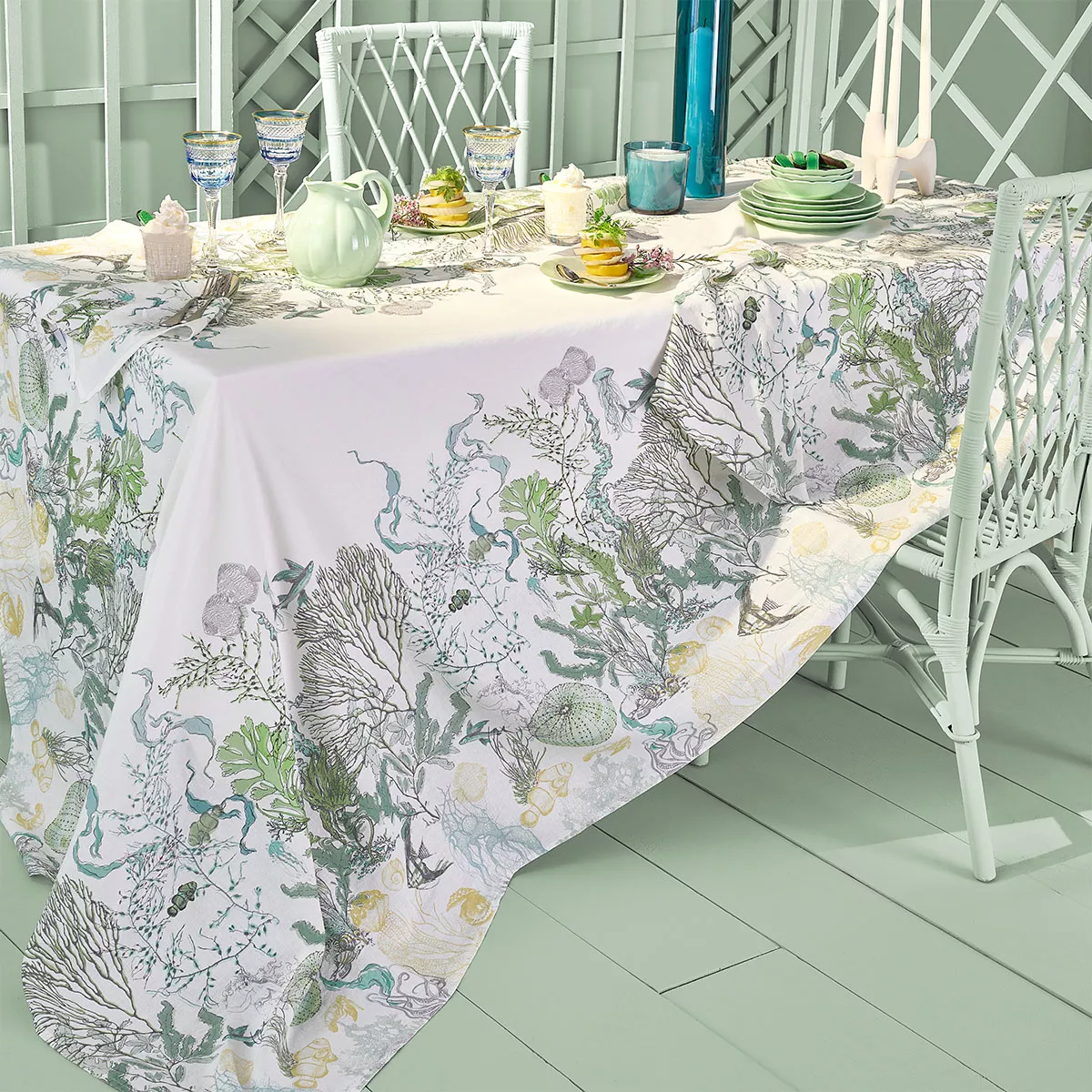 Garnier Thiebaut Nappe Imprimée Métis Lin & Coton Blanc Verde Balade Marine Verde