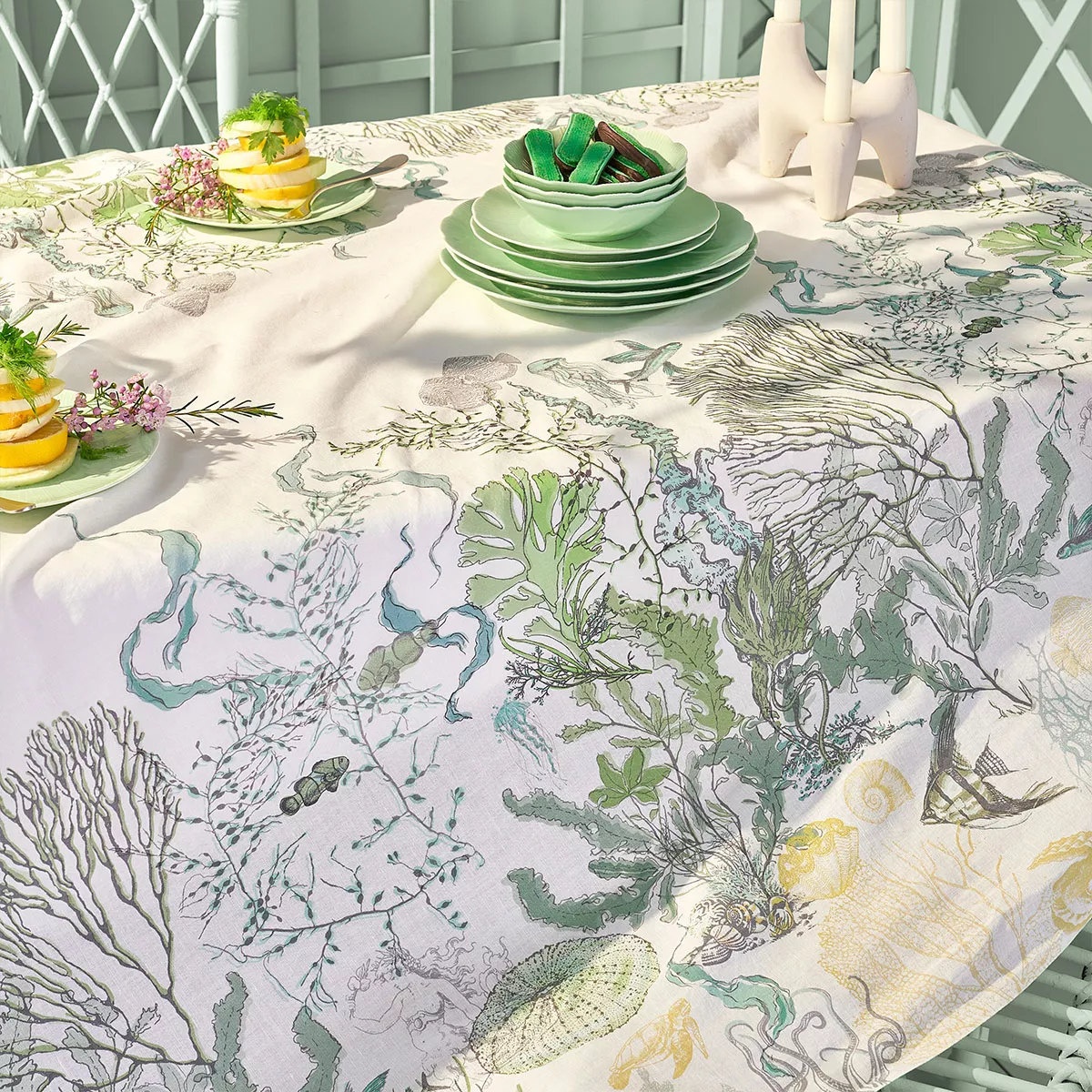 Garnier Thiebaut Nappe Imprimée Métis Lin & Coton Blanc Verde Balade Marine Verde