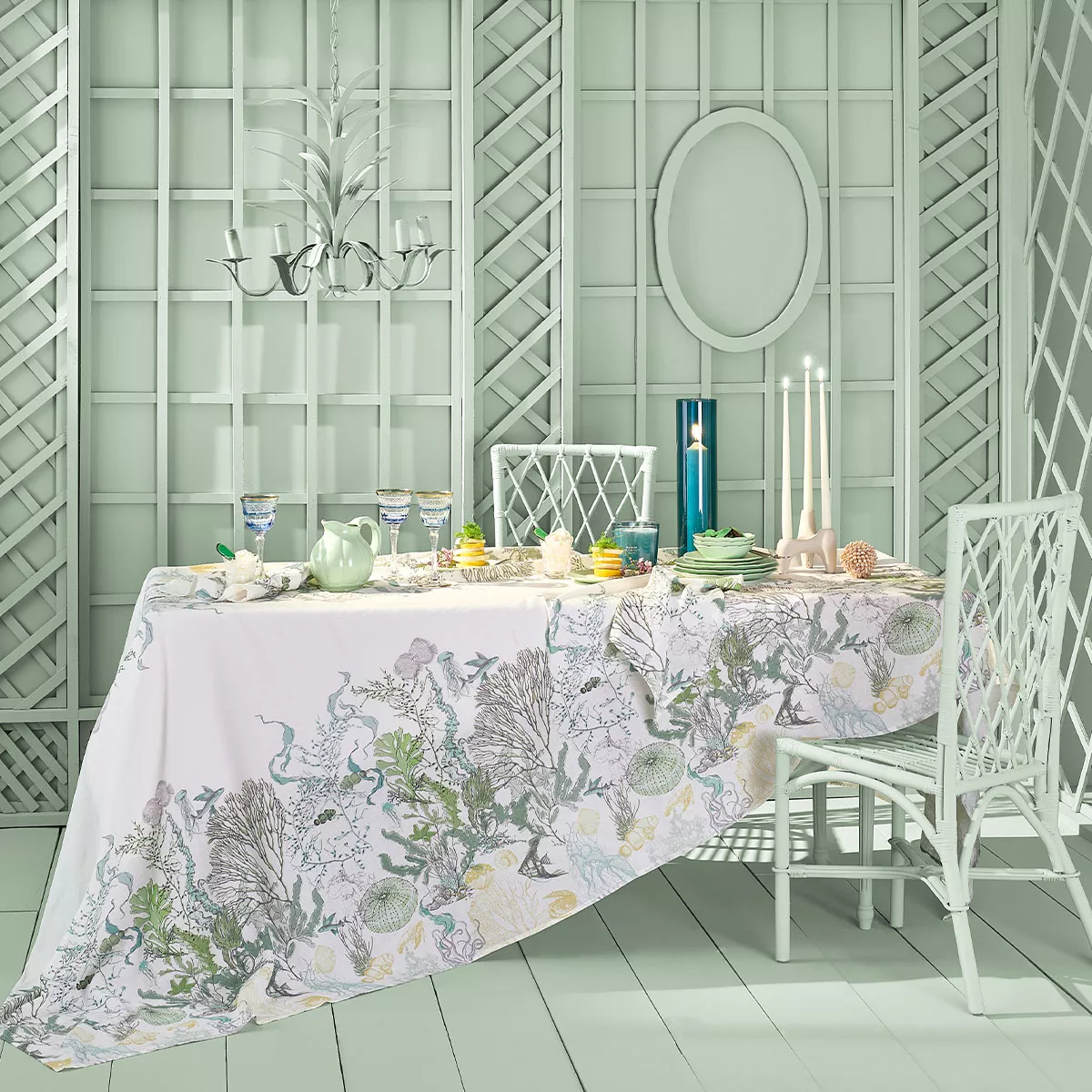 Garnier Thiebaut Nappe Imprimée Métis Lin & Coton Blanc Verde Balade Marine Verde