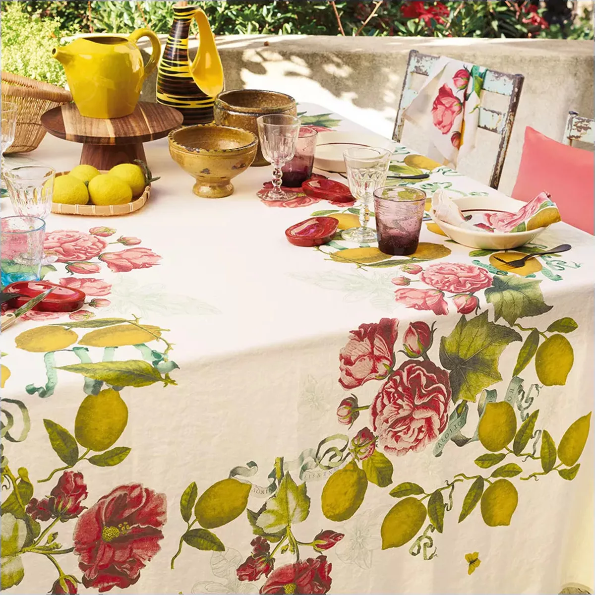 Garnier Thiebaut Nappe Imprimée Métis Lin & Coton Multicolore Romance Citrons De Menton Romance
