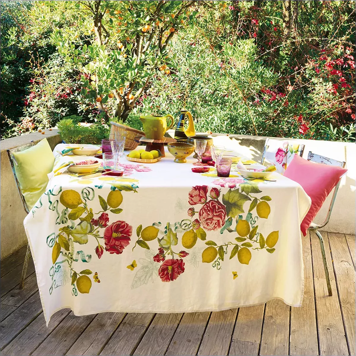 Garnier Thiebaut Nappe Imprimée Métis Lin & Coton Multicolore Romance Citrons De Menton Romance