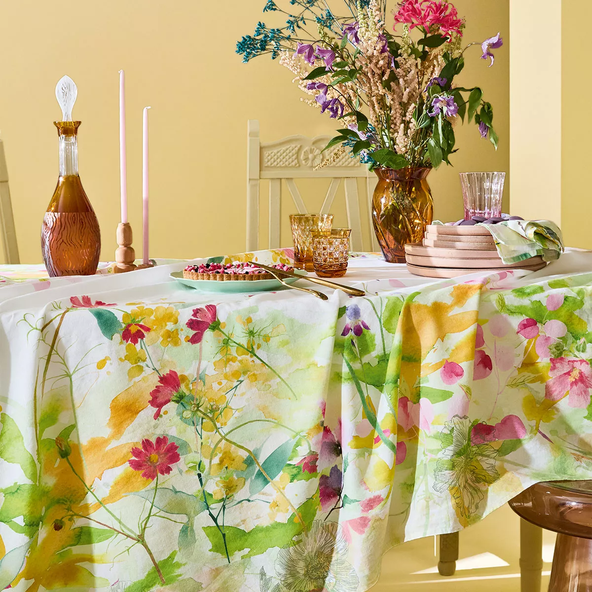 Garnier Thiebaut Nappe Imprimée Métis Lin & Coton Rose Printemps Souffle Fleuri Printemps