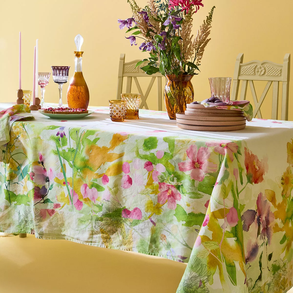 Garnier Thiebaut Nappe Imprimée Métis Lin & Coton Rose Printemps Souffle Fleuri Printemps