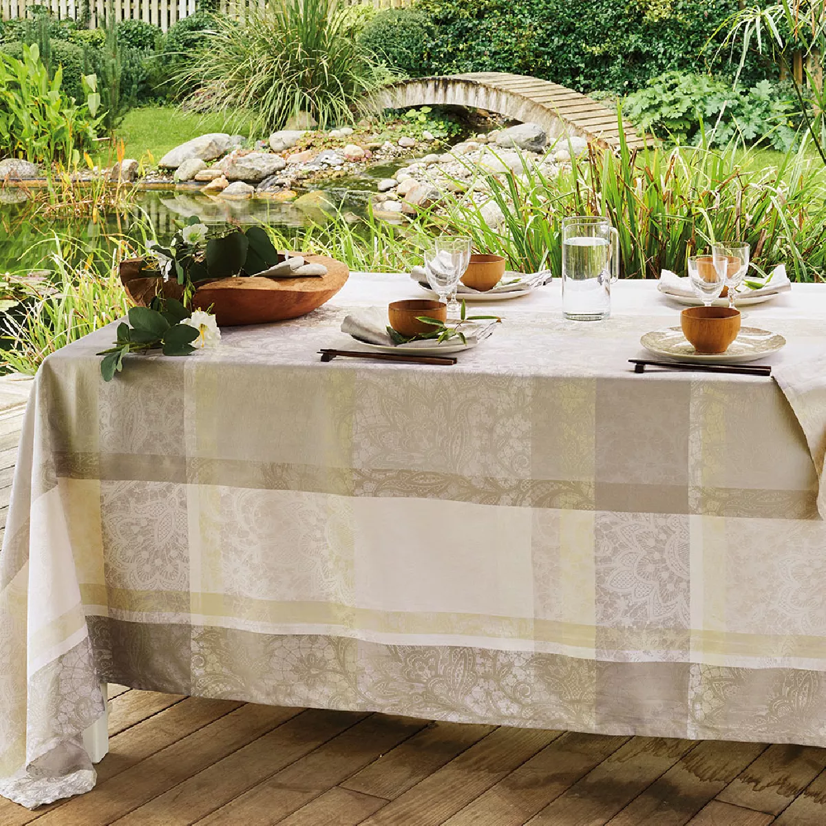 Garnier Thiebaut Nappe Jacquard Pur Coton Beige Naturel Mille Dentelles Naturel