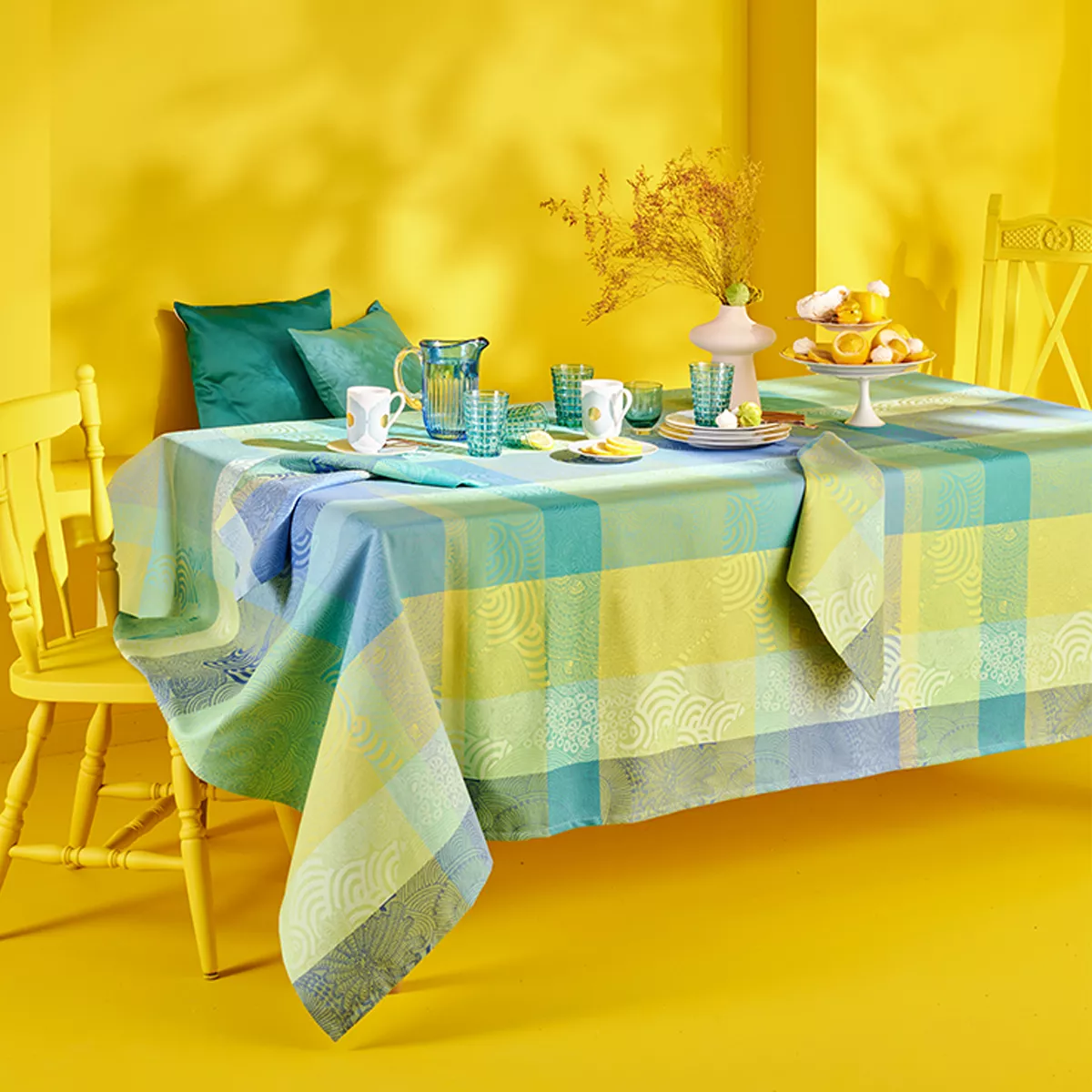 Garnier Thiebaut Nappe Jacquard Pur Coton Bleu Atoll Mille Rainures Atoll